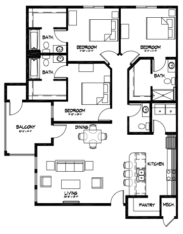 Floor plan for 3 beds, 3.5 baths, 1542 sqft